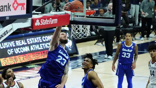 Feb 6, 2021; Storrs, Connecticut, USA; Seton Hall Pirates forward Sandro Mamukelashvili (23) makes the basket against the Connecticut Huskies in the second half at Harry A. Gampel Pavilion. Seton Hall defeated UConn 80-73. Mandatory Credit: David Butler II-USA TODAY Sports