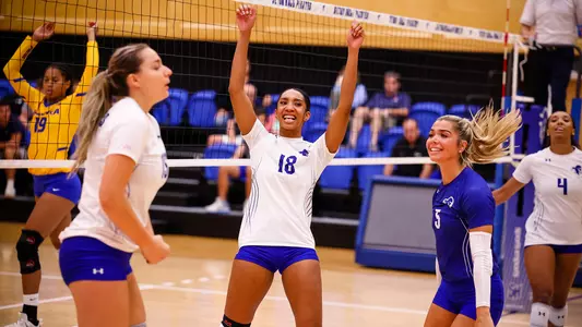 Seton Hall Women's Volleyball Team celebrates a point against Hofstra on Aug. 30.