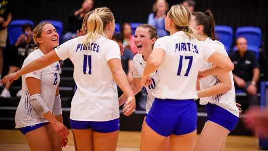 Seton Hall Women's Volleyball Team celebrates a point against Hofstra on Aug. 30.