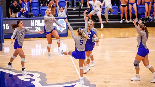 Seton Hall Women's Volleyball Team celebrate a point against UConn on Sept. 23.