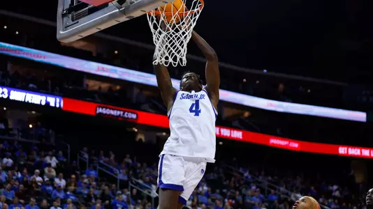 Tyrese Samuel dunks the basketball vs. Saint Peter's