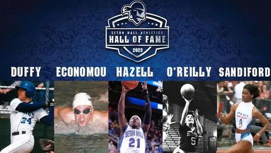 2023 Hall of Fame Announcement Graphic: Jim Duffy, Peter Economou, Jeremy Hazell, Kathy O'Reilly, Julia Sandiford