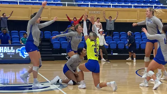 Seton Hall Women's Volleyball Team celebrates defeating St. John's on Nov. 2.