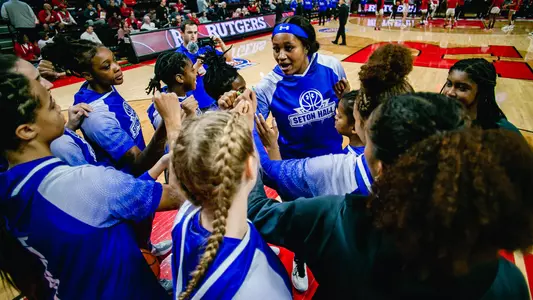 Seton Hall Women's Basketball Team huddles before the start of its game at Rutgers