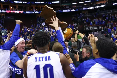 Seton Hall raises the Garden State Hardwood Classic trophy last season