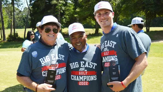 Ian Lagowitz, Clay White and JT Harper posing after winning the BIG EAST Championship.