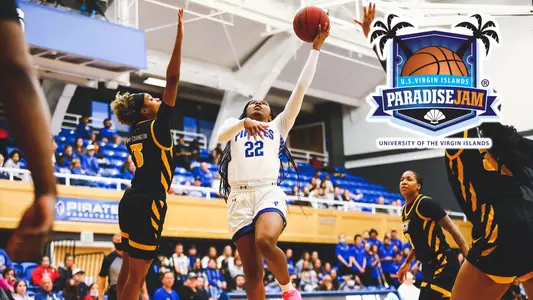 Graphic for the Paradise Jam showing Amari Wright driving to the basket against VCU