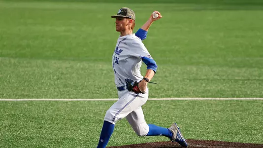 Drew Conover pitching for Seton Hall