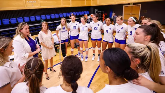 The Seton Hall Women's Volleyball Team listens to coach Shannon Thompson prior to their home opener vs. Hofstra on Aug. 30.