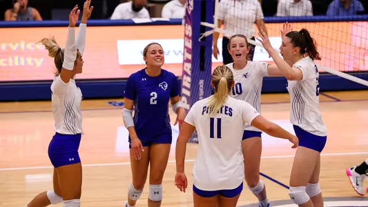 Seton Hall Women's Volleyball Team celebrates a point against Hofstra on Aug. 30.