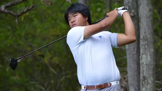 Wenliang Xie tees off the 10th hole at the 2022 NCAA Regional at Yale.