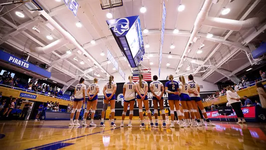 Seton Hall Women's Volleyball Team lines up for the national anthem prior to its match against Hofstra.