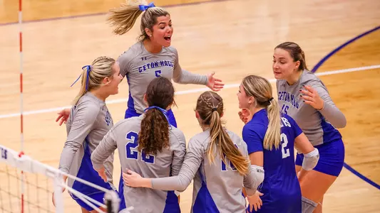 Seton Hall Women's Volleyball Team celebrate a point against UConn on Sept. 23.