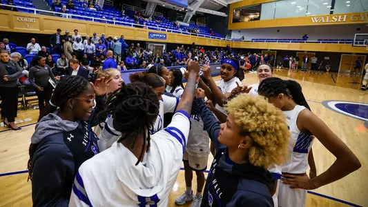 Seton Hall women's basketball team huddles prior to the tip of a game at Walsh Gym against Georgetown