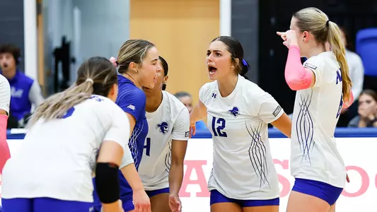 Seton Hall volleyball team celebrates after a point against DePaul on Oct. 14