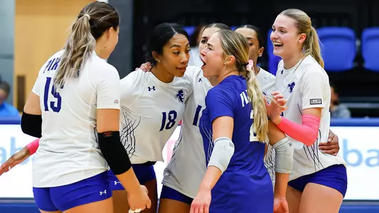 Seton Hall volleyball team celebrates a point against DePaul on Oct. 14