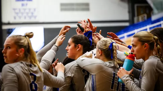 Seton Hall volleyball team huddles during a timeout against Providence on Sept. 22.