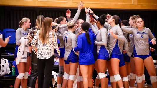 Seton Hall volleyball team huddles during a timeout against NJIT on Aug. 31