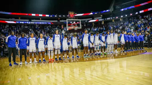 Seton Hall lines up for the National Anthem before its game against Saint Peter's at Prudential Center