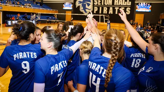 Seton Hall volleyball team huddles before its match against Creighton on Nov. 10