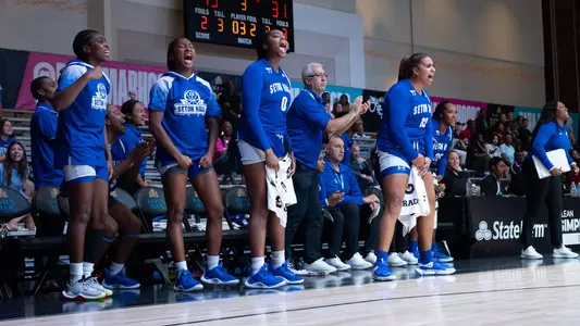 Seton Hall women's basketball team cheers on the bench during its game with USC on Nov. 20