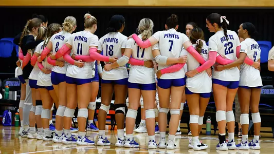 Seton Hall volleyball team huddles prior to taking on DePaul