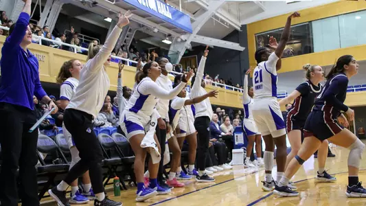 Seton Hall women's basketball team celebrates a three-pointer made by Shailyn PInkney against FDU on Dec. 11