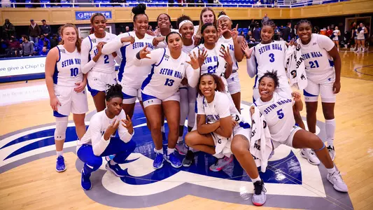Seton Hall women's basketball team poses after defeating No. 23 UNLV by 30 points on Dec. 16