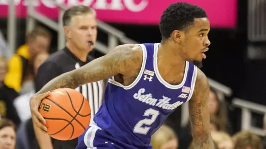 Dec 17, 2023; Kansas City, Missouri, USA; Seton Hall Pirates guard Al-Amir Dawes (2) looks to pass against the Missouri Tigers during the first half at T-Mobile Center. Mandatory Credit: Denny Medley-USA TODAY Sports