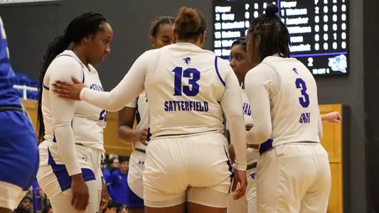 Seton Hall women's basketball team huddles early in its victory over CCSU on Dec. 8