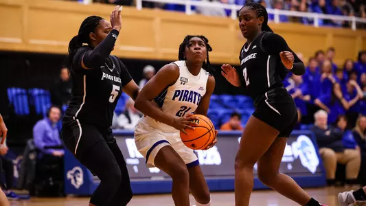 Shailyn Pinkney drives for a layup against Providence on Feb. 4