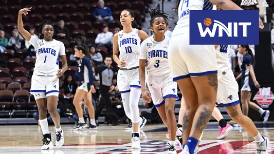 Seton Hall women's basketball team celebrates during its BIG EAST Tournament opening round win over Xavier on March 3