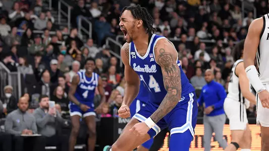 Mar 4, 2023; Providence, Rhode Island, USA; Seton Hall Pirates guard Dre Davis (14) reacts to dunking the ball against the Providence Friars during the second half at Amica Mutual Pavilion. Mandatory Credit: Eric Canha-USA TODAY Sports