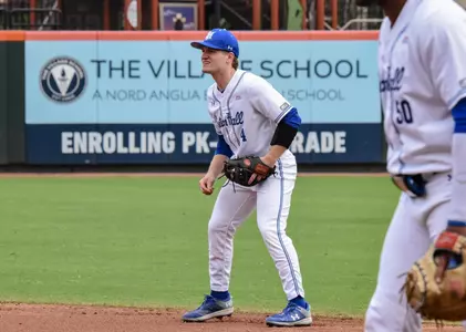Zack Sylvester gets set in the infield against Northwestern State in Sugar Land, Texas