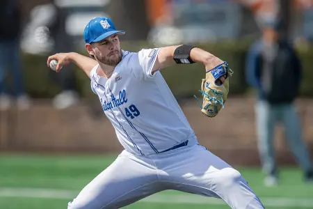 Richie Cimpric throws a pitch against Saint Peter's