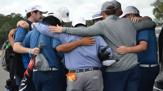 Seton Hall men's golf team huddles after the final round of the 2023 BIG EAST Championship