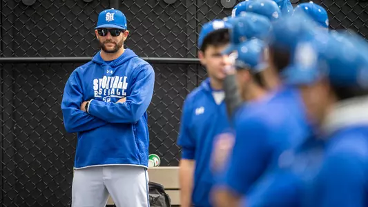 Jimmy Moran in the bullpen before Seton Hall's game against Manhattan