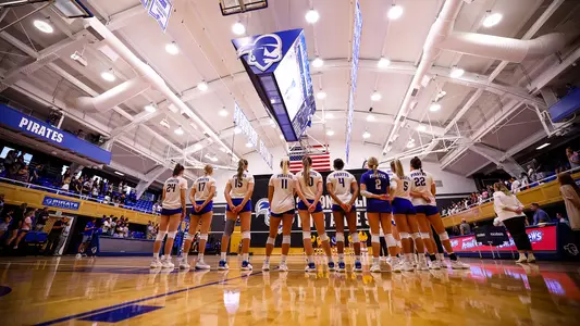 Seton Hall women's volleyball team prepare for the start of a match during the 2022 season.