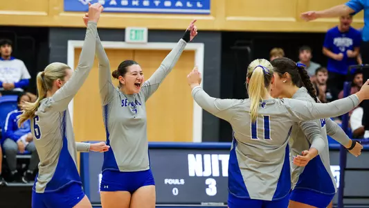 Seton Hall volleyball team celebrates after a point against NJIT on Aug. 31