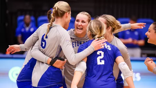 Seton Hall volleyball team reacts after a point against PC on Sept. 22.