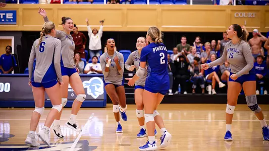 Seton Hall volleyball team celebrates a point against Providence on Sept. 22