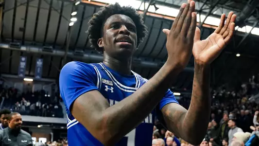 Jan 13, 2024; Indianapolis, Indiana, USA;  Seton Hall Pirates guard Kadary Richmond (1) celebrates after defeating the Butler Bulldogs at Hinkle Fieldhouse. Mandatory Credit: Robert Goddin-USA TODAY Sports