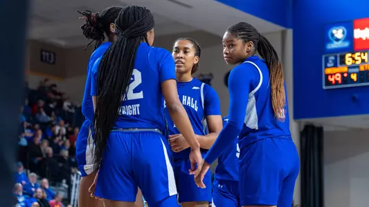 Seton Hall women's basketball team huddles during its loss at Creighton on Jan. 28