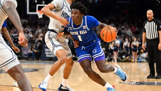 Jan 9, 2024; Washington, District of Columbia, USA; Seton Hall Pirates guard Kadary Richmond (1) dribbles as Georgetown Hoyas guard Wayne Bristol Jr. (31) defends during the first half at Capital One Arena. Mandatory Credit: Brad Mills-USA TODAY Sports