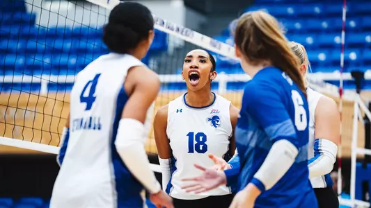 Laila Wallace reacts to scoring a point for Seton Hall during its match against DePaul on Oct. 13.