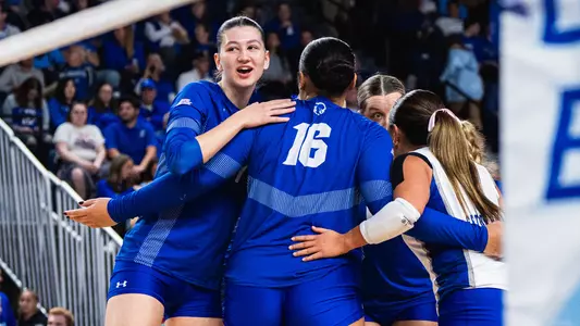 Seton Hall volleyball team celebrates a point at Creighton on Nov. 15