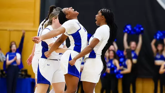 Savannah Catalon and Amari Wright celebrate during Seton Hall's game against Bryant on Nov. 16