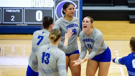 Seton Hall volleyball team celebrates a point against Georgetown on Oct. 16