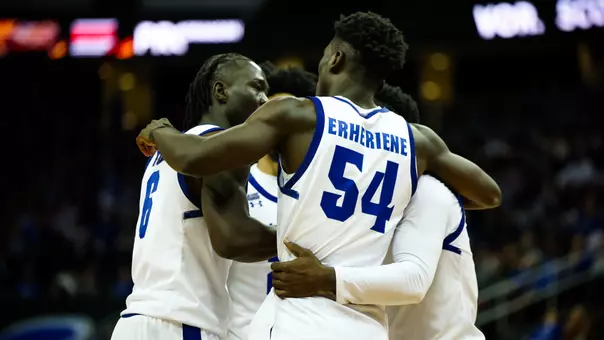 Seton Hall huddles during its game against Oklahoma State