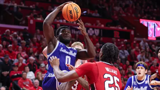 Dylan Addae-Wusu goes up for a dunk against Rutgers.